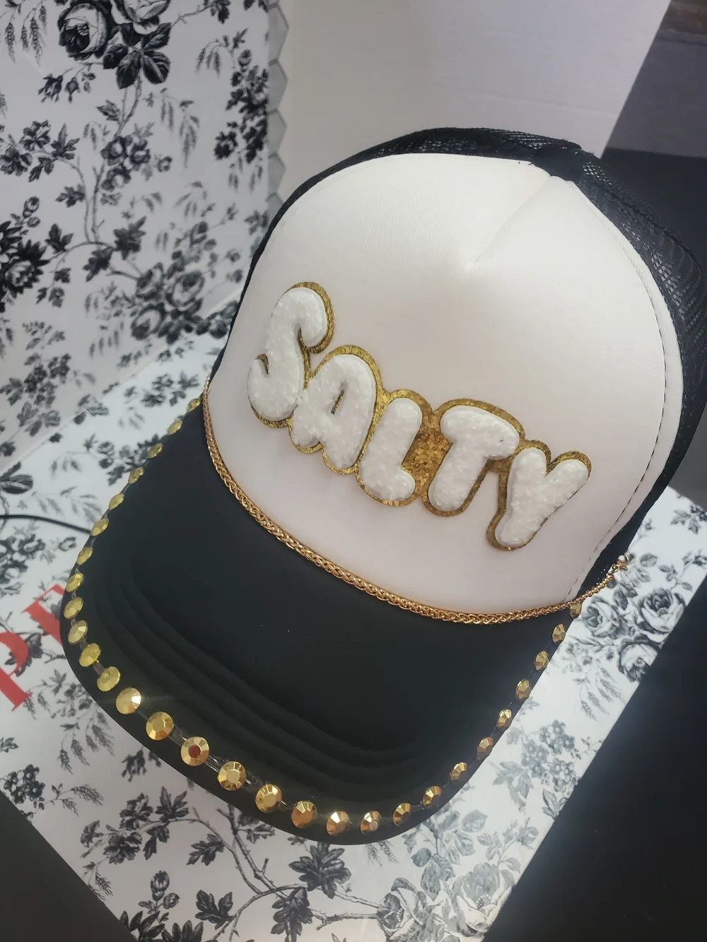 Black & White 'Salty' Embellished Trucker Hat